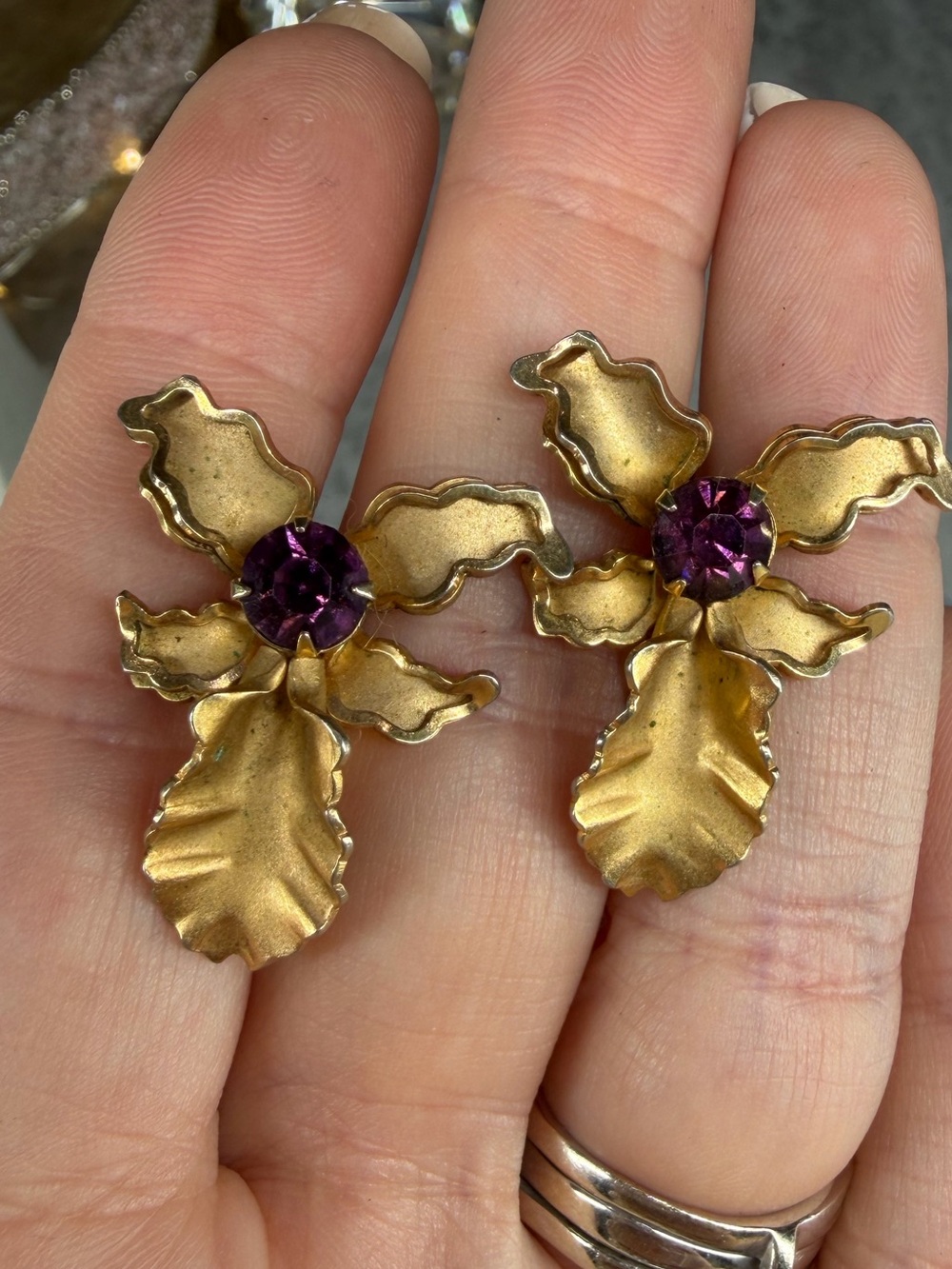 Orchid Brooch & Screw Back Earrings Set Bugbee & Niles Co Jewelry Rhinestone Lot - Picture 2 of 8